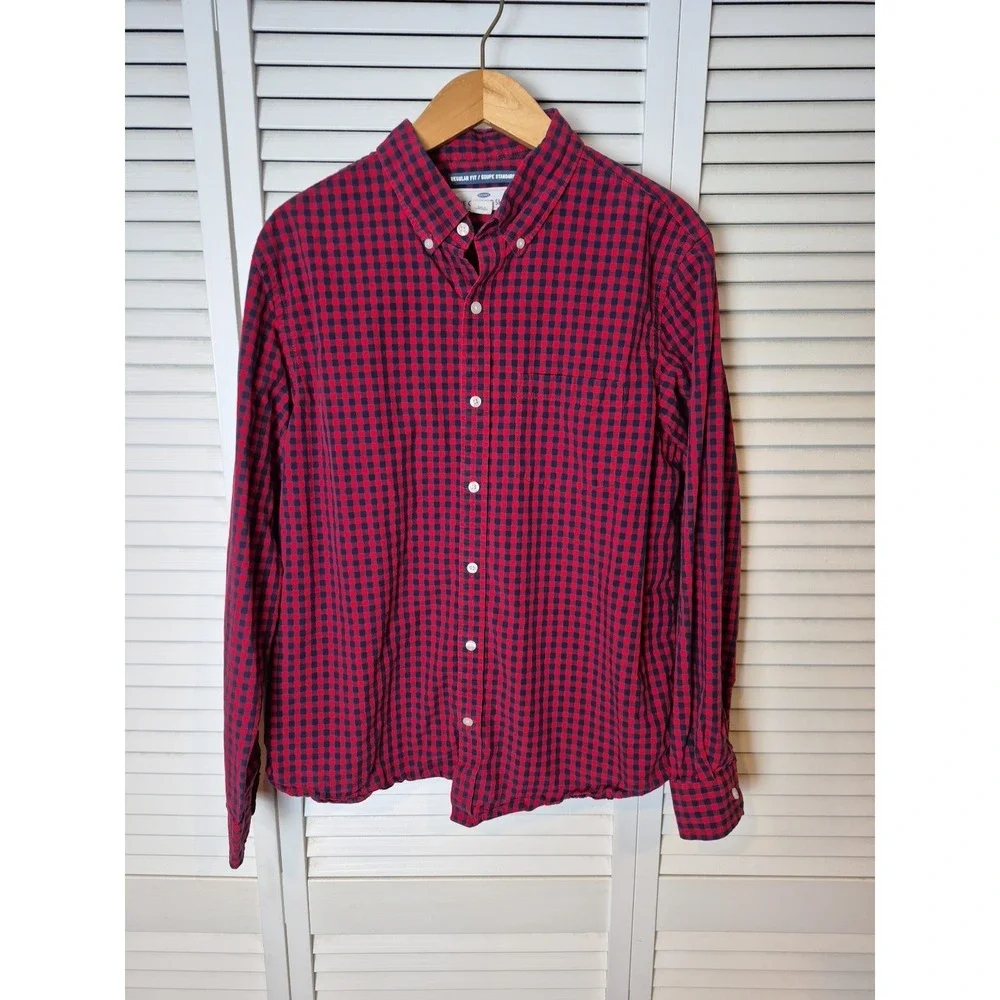 Old Navy Shirt Mens L Red Blue Check Button Down Long Sleeve 100% Cotton Classic